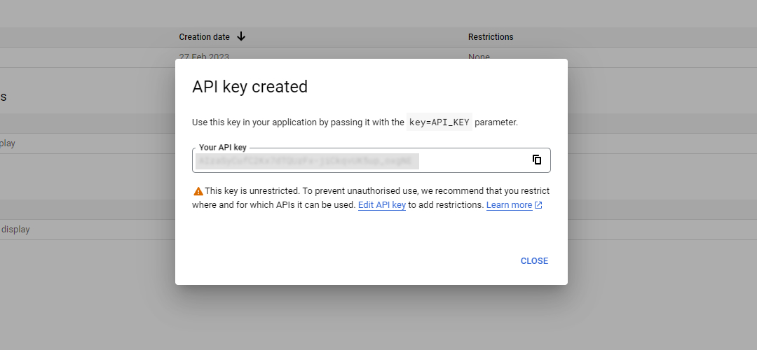 api key created
