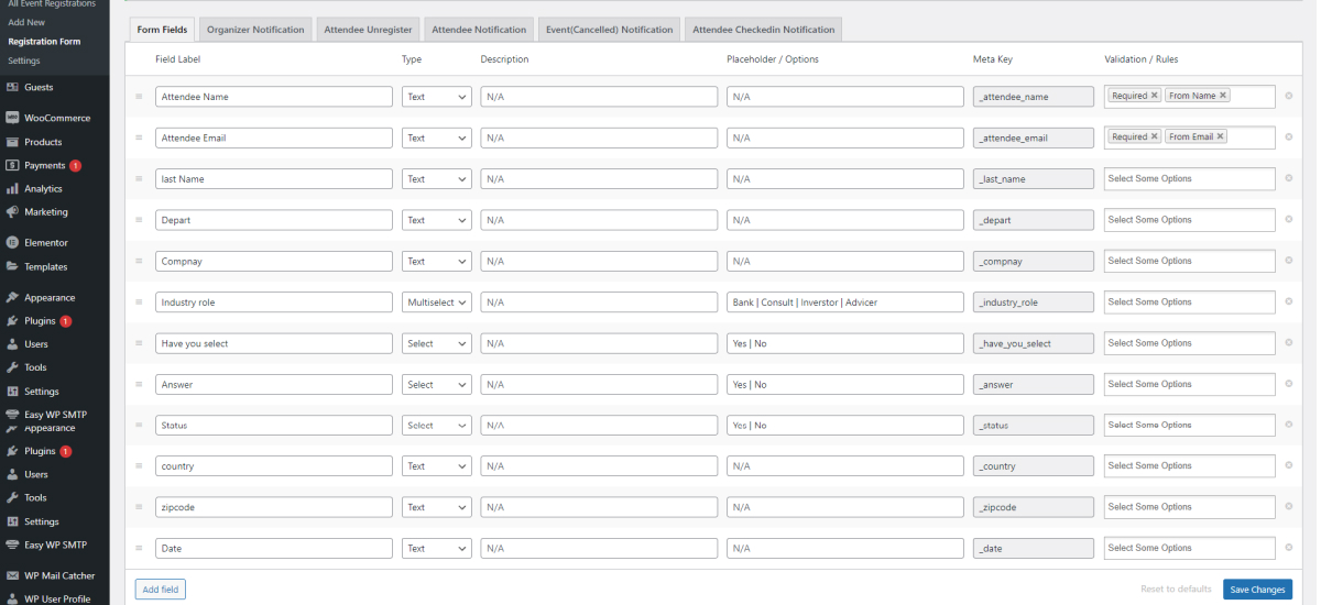 attendee information