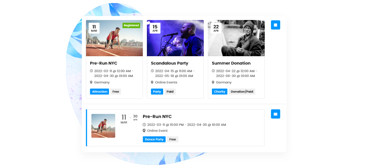 calendar with event listings