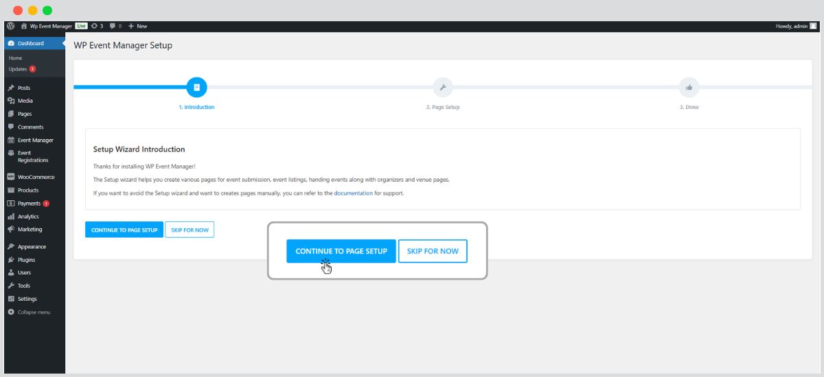 continue page setup option