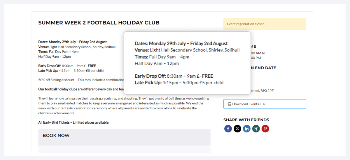 football skill school event schedule