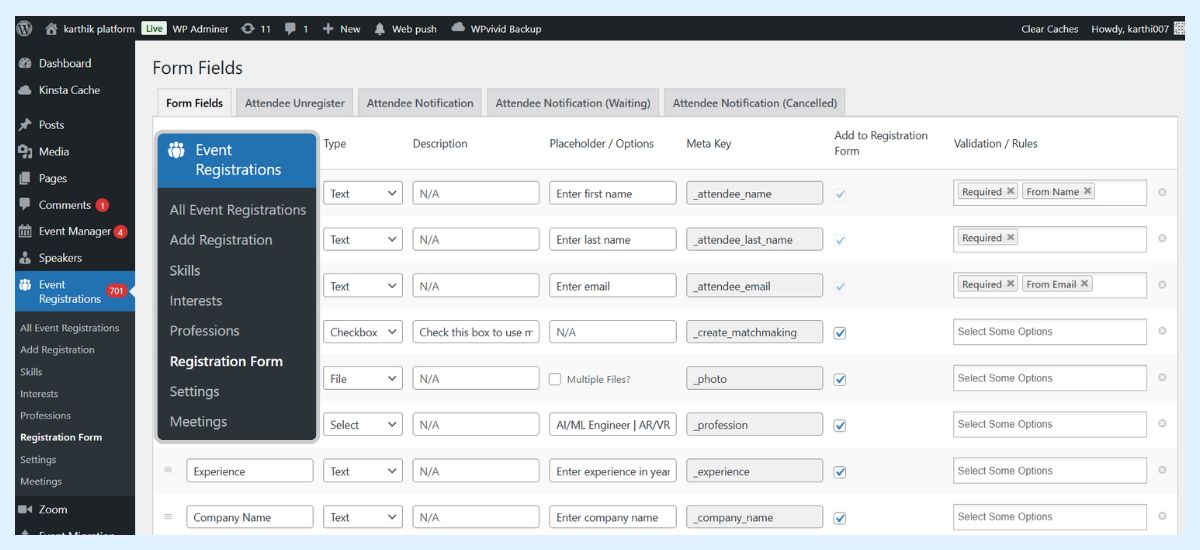 event registration form in wordpress