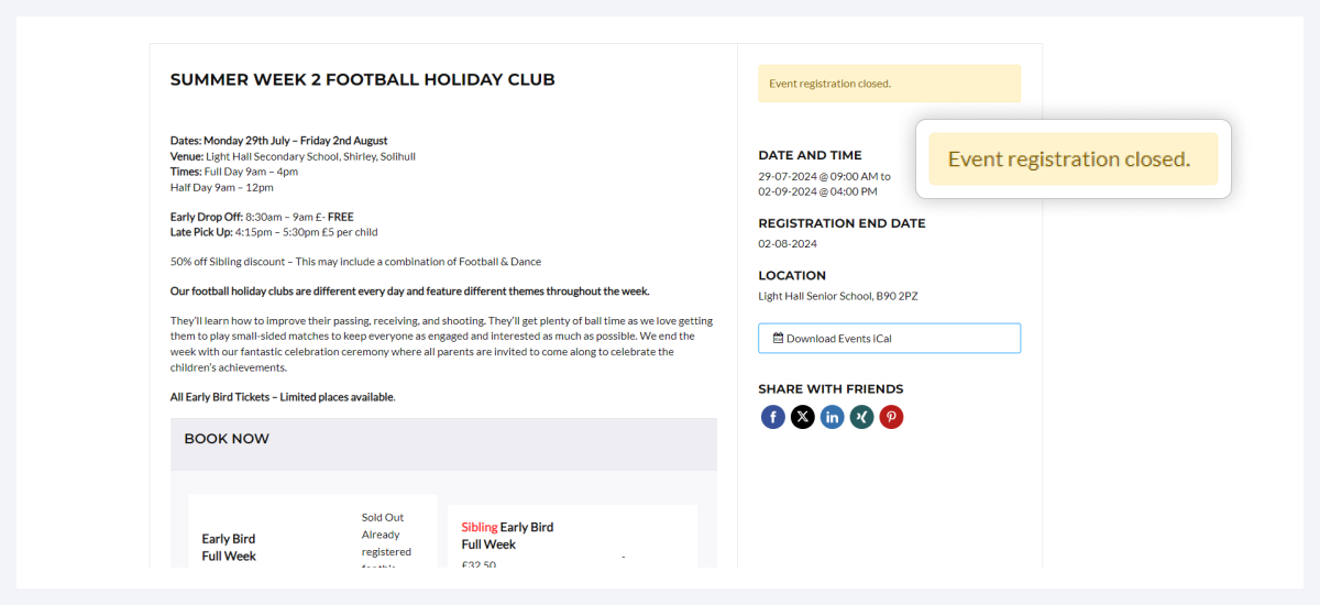 football skill school event registration process