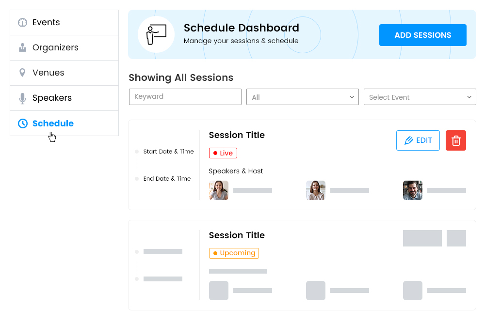 Schedule Session Dashboard