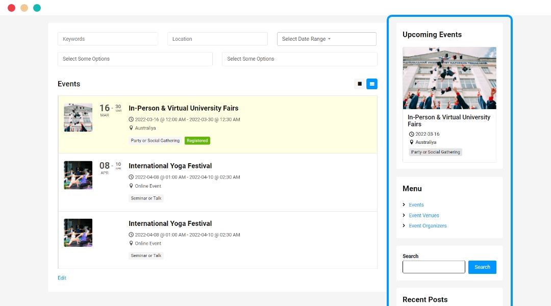 upcoming event widget