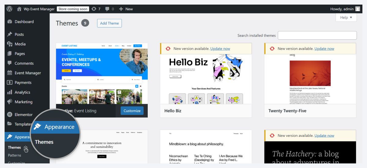 install wordpress event listing theme