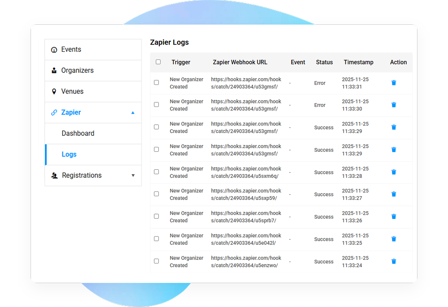 Zap Activity Logs For Organizers