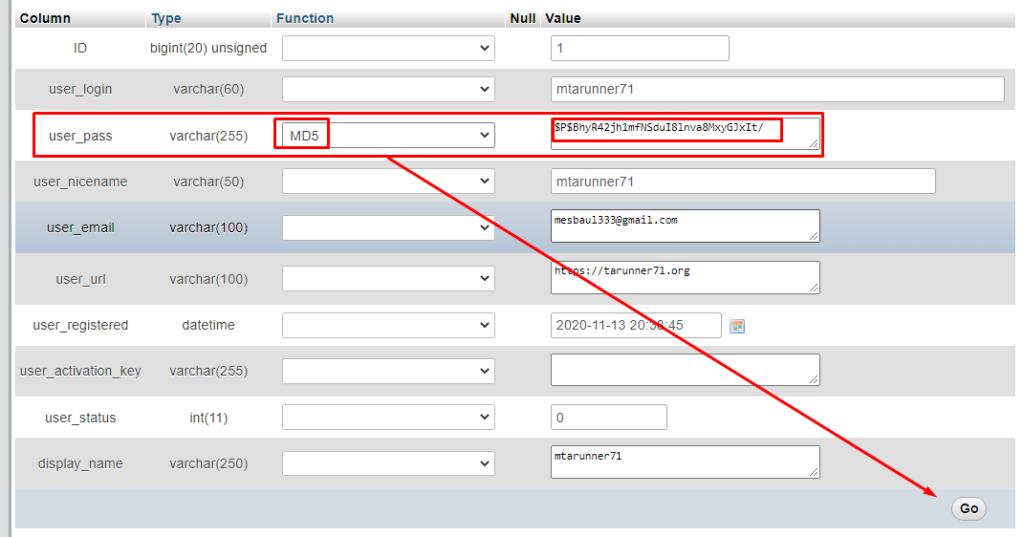 Change WordPress admin password from database